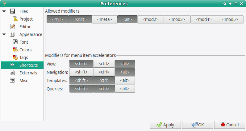 RocqIDE preferences dialog, Shortcuts section